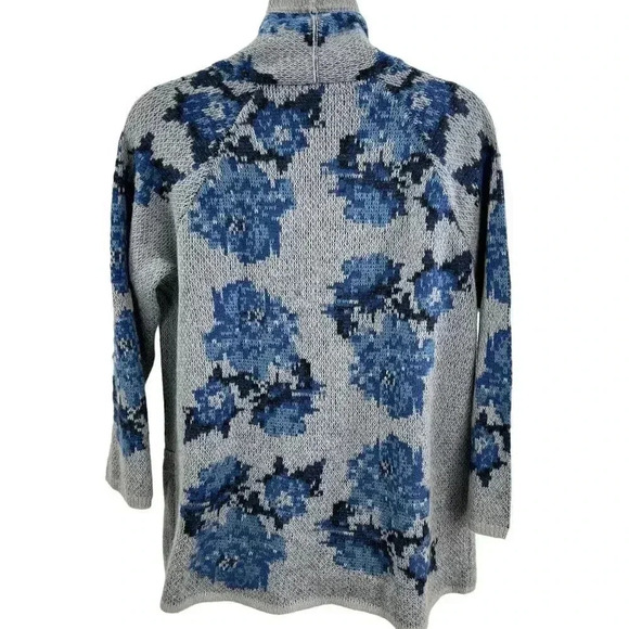 J Jill Vintage 1XL Wool Blend Gray Blue Floral Cardigan Pockets Grandmacore - Picture 2 of 12